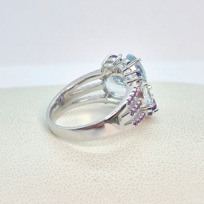 Natural Sky Blue Topaz and Amethyst Stone Ring in Sterling Silver with Nano Sapphire side stones