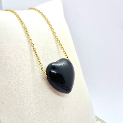 Natural Obsidian Heart Pendant with Stainless Steel Gold Plated Chain Necklace