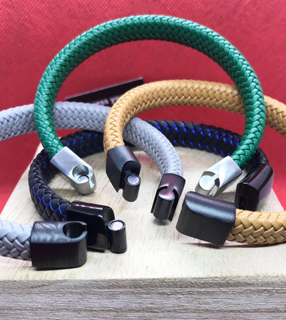Black Leather Rope and Grey Braided Leather Bracelet for Men
