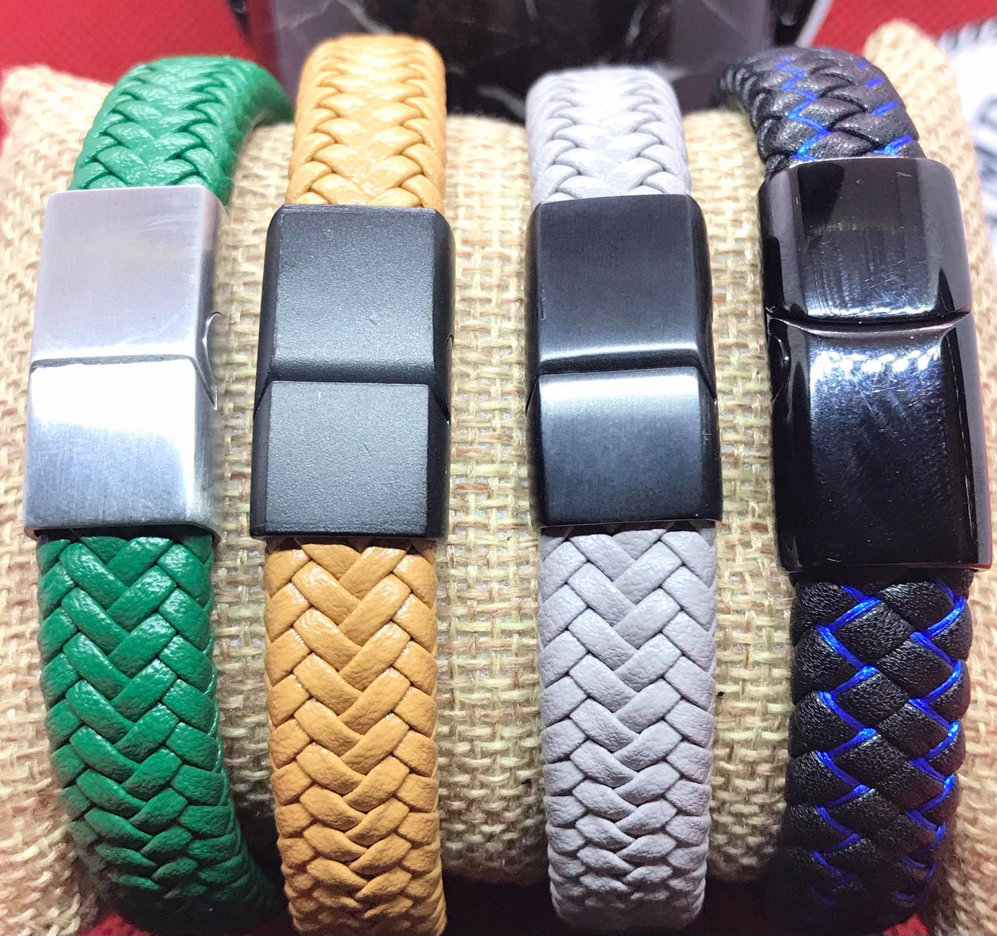 Obsidian with Green Chalcedony and Green Braided Leather Bracelet for Men