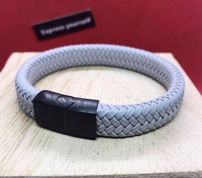 Black Leather Rope and Grey Braided Leather Bracelet for Men