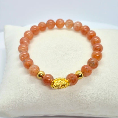Natural Sunstone Bracelet in 8mm Stones With Silver Good Fortune Pixiu