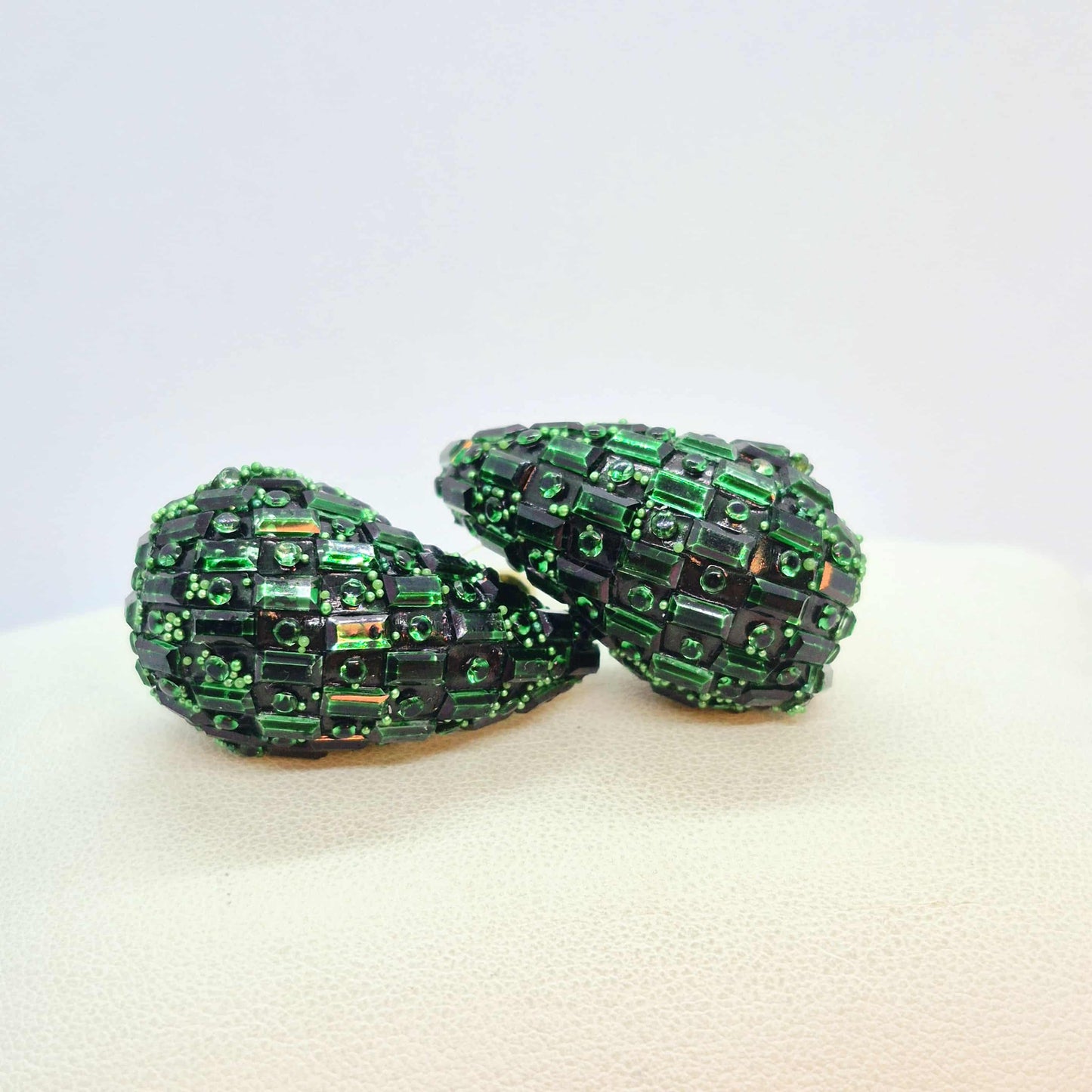 Big Raindrop Earrings with Green Glass and Resin in Stainless Steel