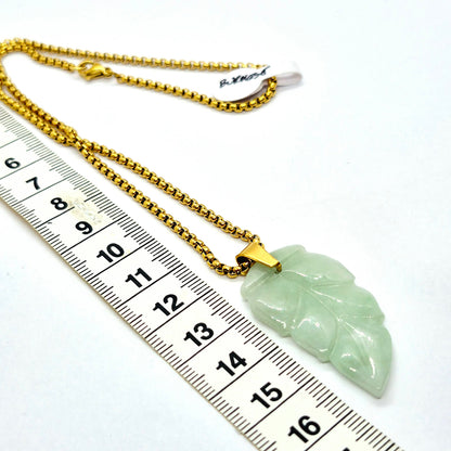 Natural Burmese Jade Leaf Pendant with Gold Platted Stainless Steel Necklace