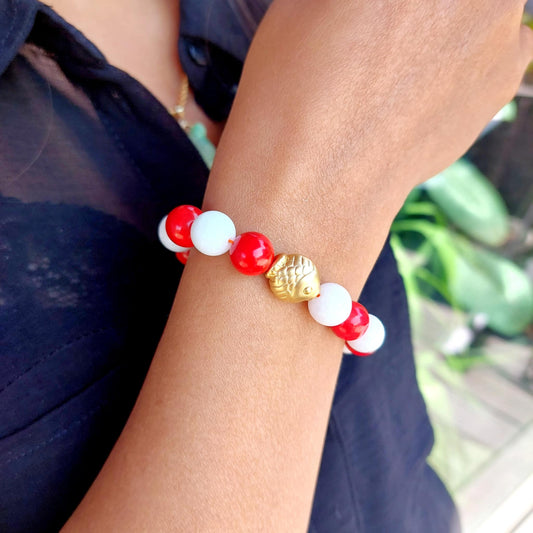 Under the Sea Bracelet with Natural Tridacna and Red Dyed Coral in 10mm Stones