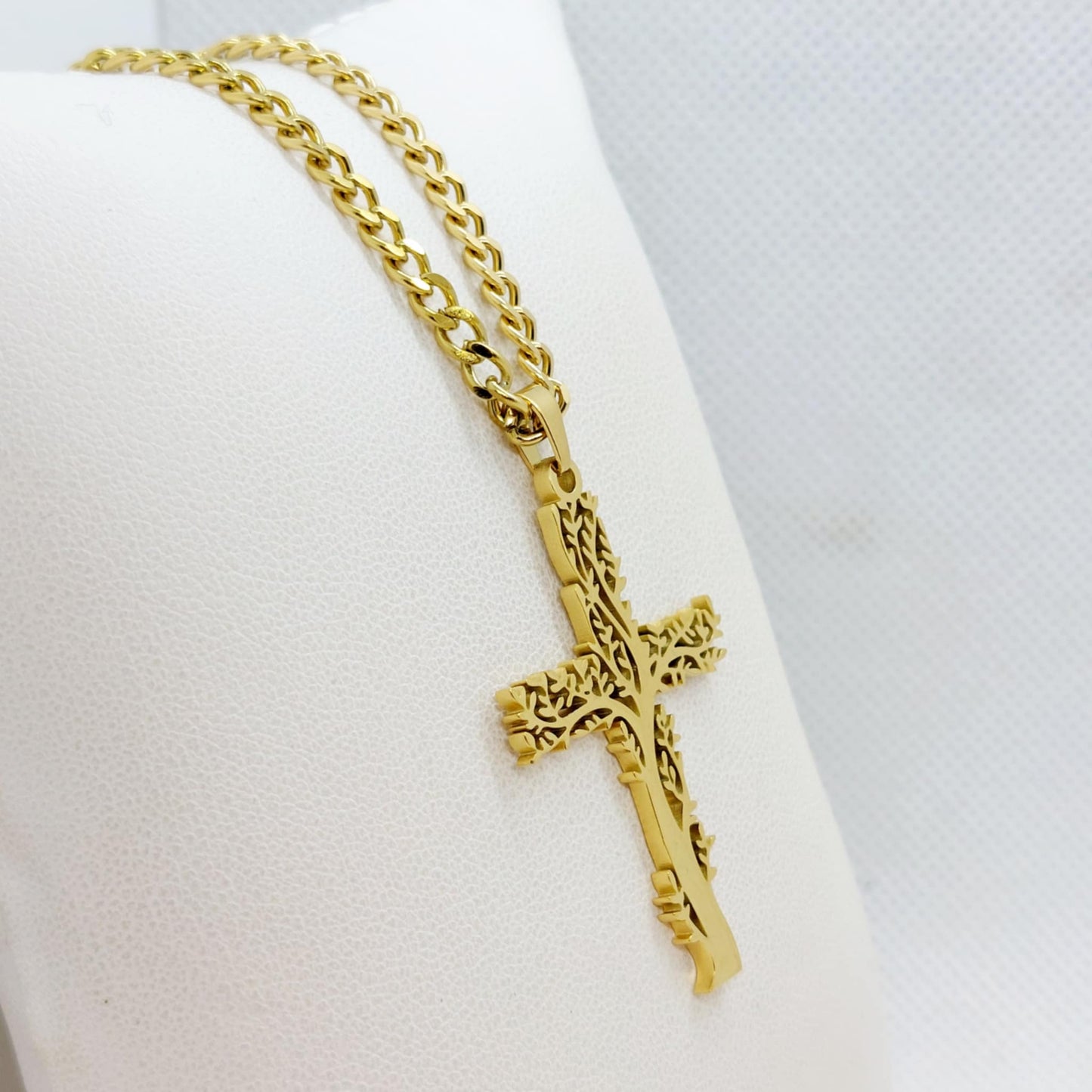 Tree of Life Cross Pendant in Gold Plated Stainless Steel Chain Necklace