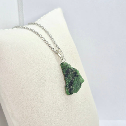 Natural Raw Columbian Emerald with Pyrite Inclusions Pendant with Stainless Steel Chain Necklace
