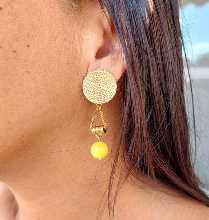 Natural Yellow Jade Dangle Earrings in Gold Plated Stainless Steel