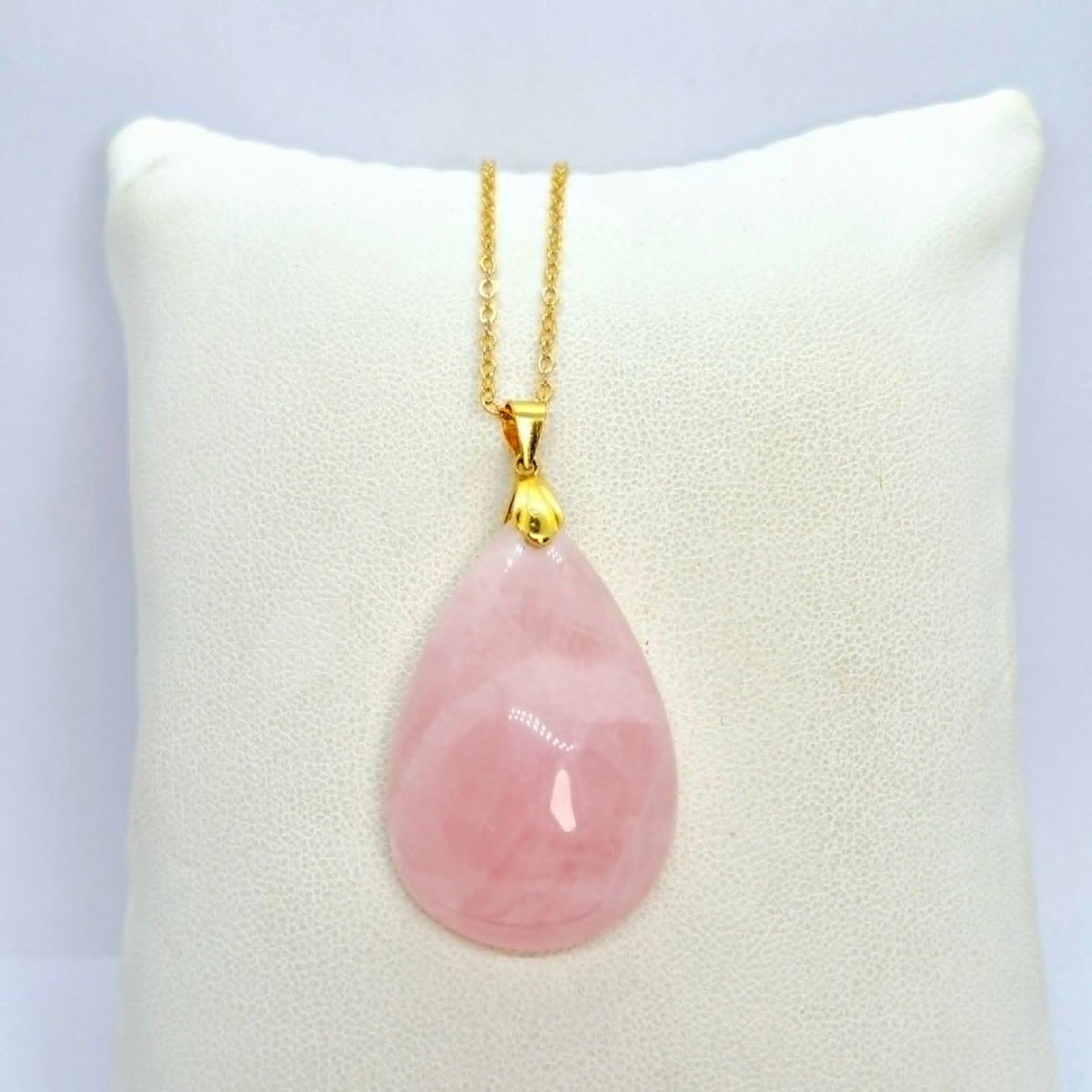 Natural Pink Rose Quartz RainDrop Pendant with Stainless Steel Chain Necklace