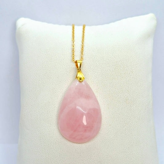 Natural Pink Rose Quartz RainDrop Pendant with Stainless Steel Chain Necklace
