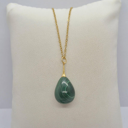 Natural Malachite Raindrop Pendant with Stainless Steel Gold Plated Chain Necklace