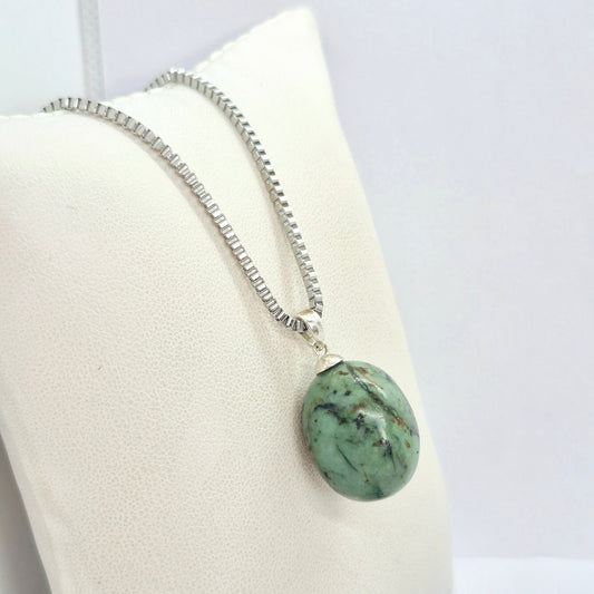 Natural Emerald Stone Pendant with Stainless Steel Chain Necklace