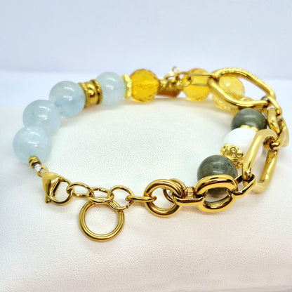 Natural 12mm Mixed Stone Bracelet with Aquamarine, Citrine, Labradorite and Tridacna