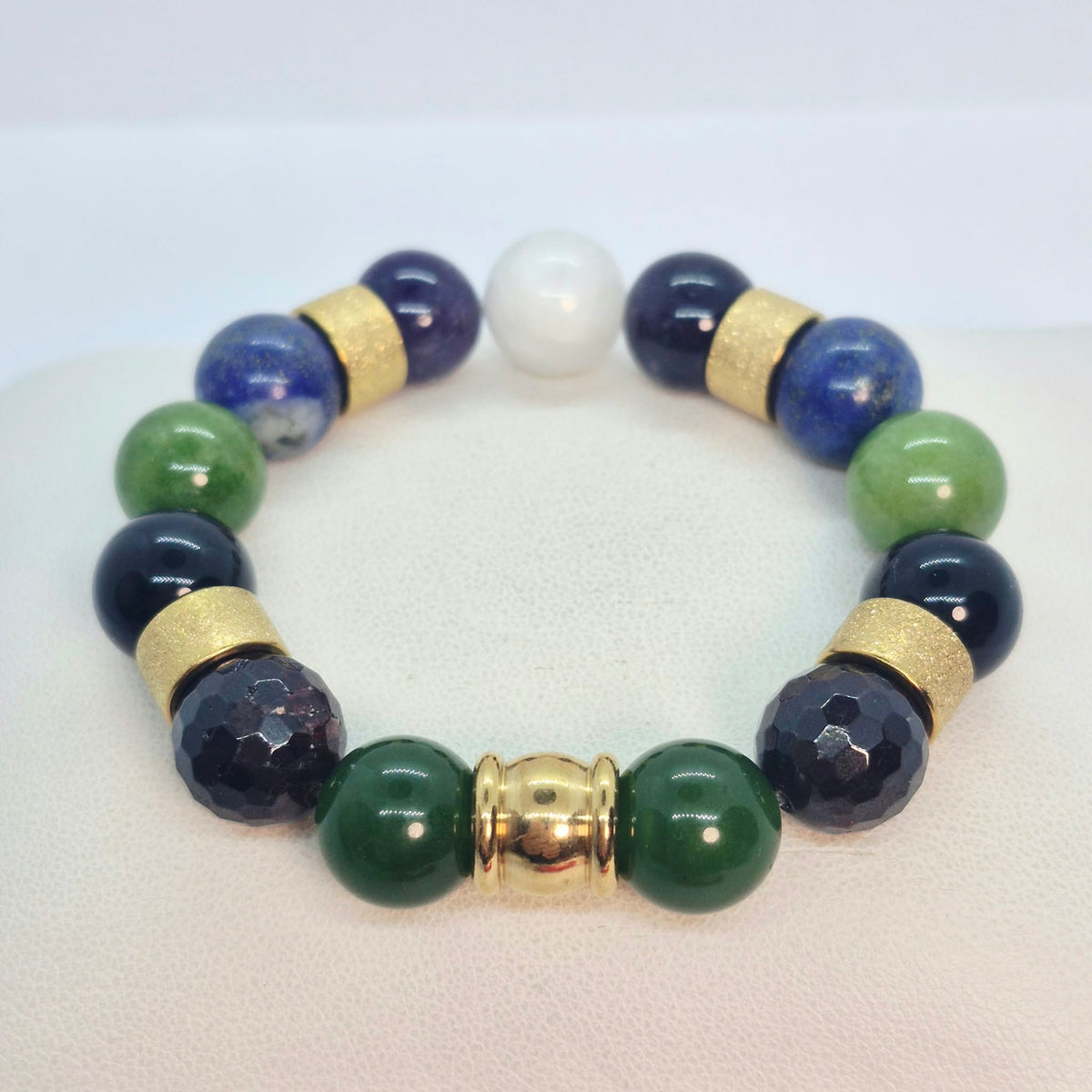 Mixed Natural 12mm Stone Bracelet with Obsidian, Onyx, Lapis, Tourmaline, Hetian and Burmese Jade