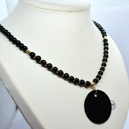 Natural Obsidian Pendant and Necklace in Gold Platted Stainless Steel