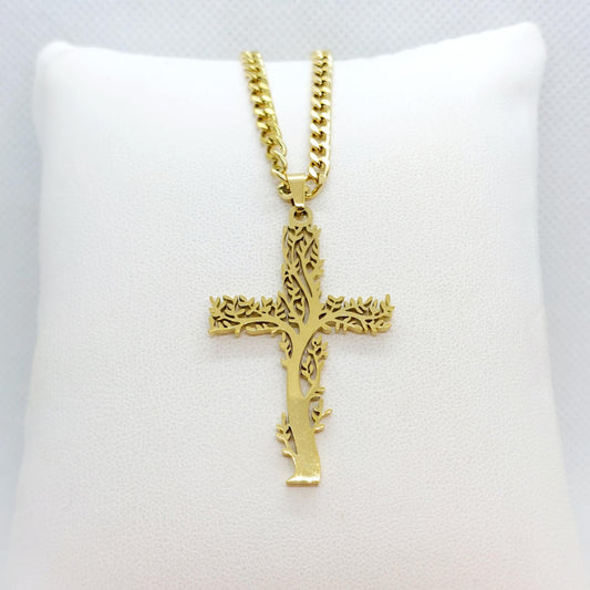 Tree of Life Cross Pendant in Gold Plated Stainless Steel Chain Necklace