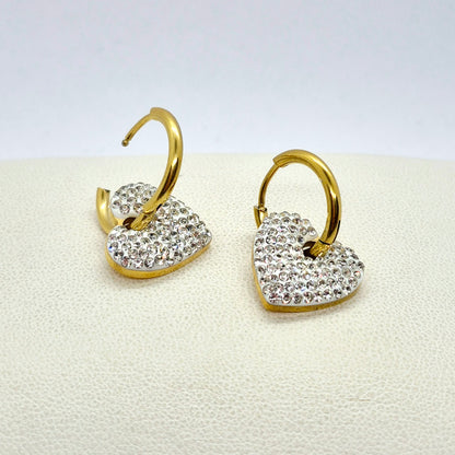 Zircon Heart Hoop Earrings in Stainless Steel Gold Plated