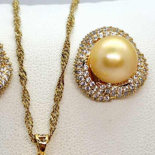Natural Golden 10mm South Sea Pearl Set Gold Plated