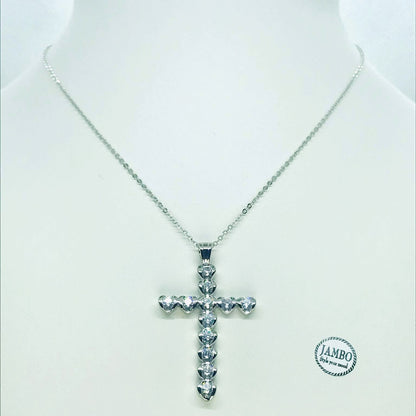 Sona Diamond Cross Pendant - Sterling Silver - Lab Created - Stainless Steel Chain Necklace