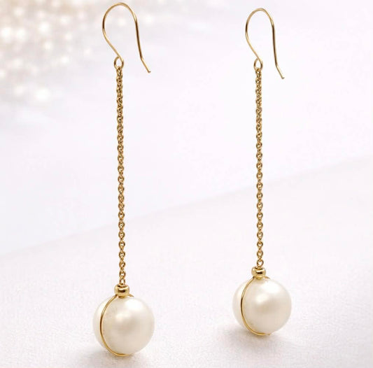 Natural 12mm Pearl Hook Dangle Earrings in Solid 10K Gold