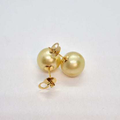 Natural 14mm South Sea Champagne Pearl Earrings in Solid 14K Gold