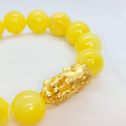 Natural Yellow Jade Bracelet with Pixiu in 12mm Stones