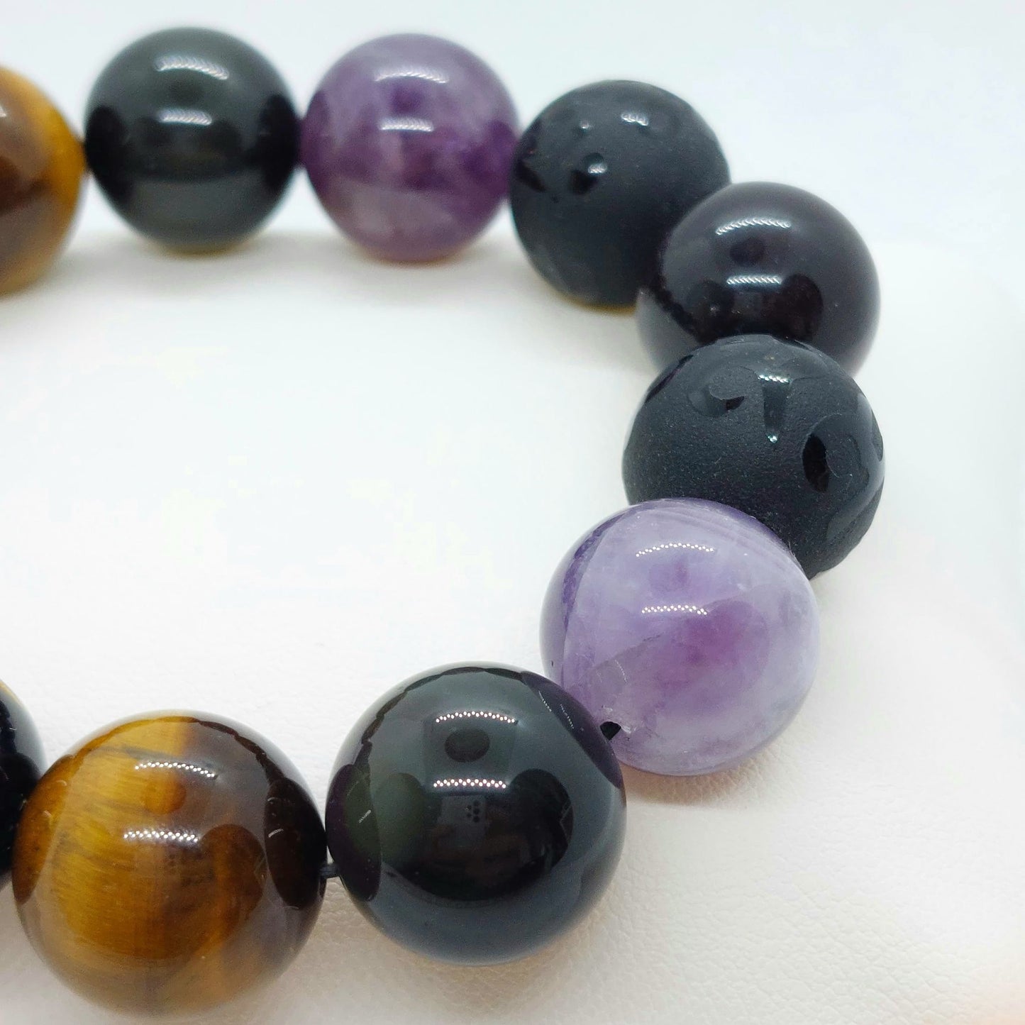 Natural Stone Bracelet with Large Obsidian Pixiu, Amethyst & Tiger Eye in 14 or 16mm Stones