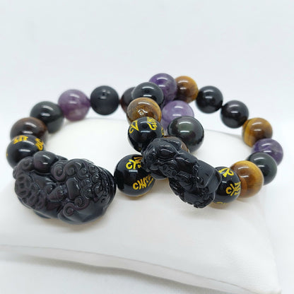 Natural Stone Bracelet with Large Obsidian Pixiu, Amethyst & Tiger Eye in 14 or 16mm Stones