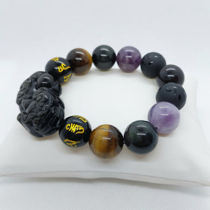 Natural Stone Bracelet with Large Obsidian Pixiu, Amethyst & Tiger Eye in 14 or 16mm Stones