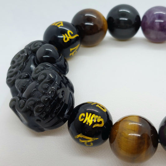 Natural Stone Bracelet with Large Obsidian Pixiu, Amethyst & Tiger Eye in 14 or 16mm Stones