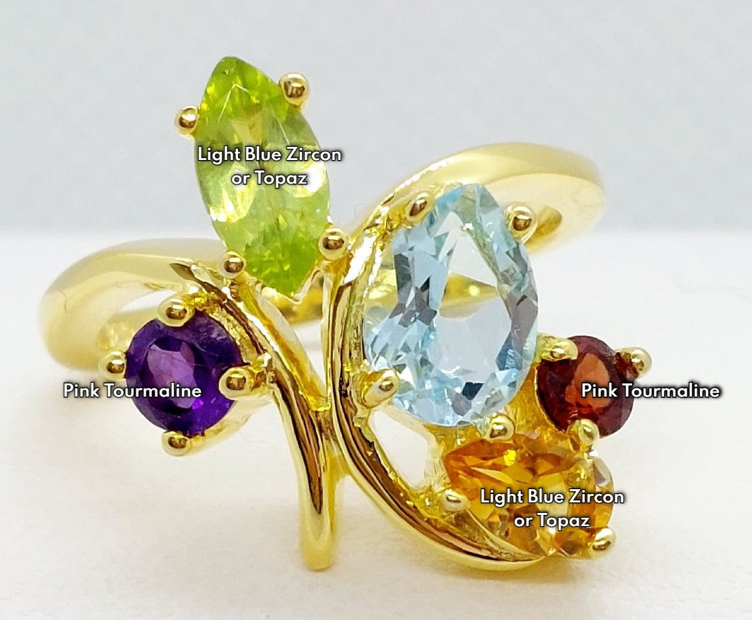 Natural Stone Ring with Topaz, Peridot, Citrine, Amethyst & Garnet in Sterling Silver Gold Plated