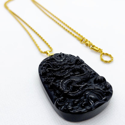 Natural Obsidian Dragon Pendant - Stainless Steel Chain Necklace
