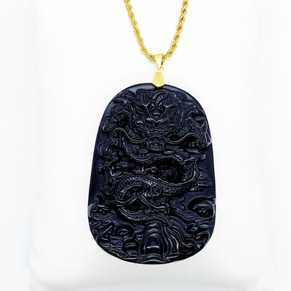 Natural Obsidian Dragon Pendant - Stainless Steel Chain Necklace