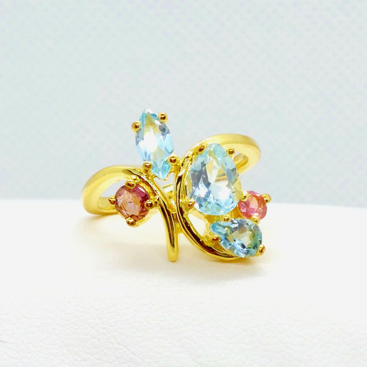 Natural Blue Topaz & Pink Tourmaline Ring in Sterling Silver Gold Plated