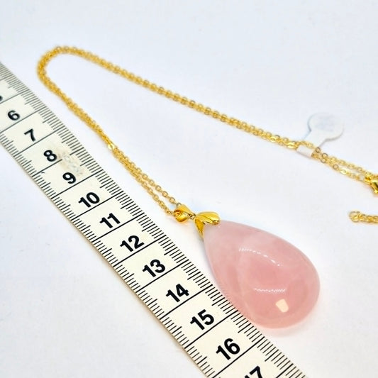 Natural Pink Rose Quartz RainDrop Pendant with Stainless Steel Chain Necklace