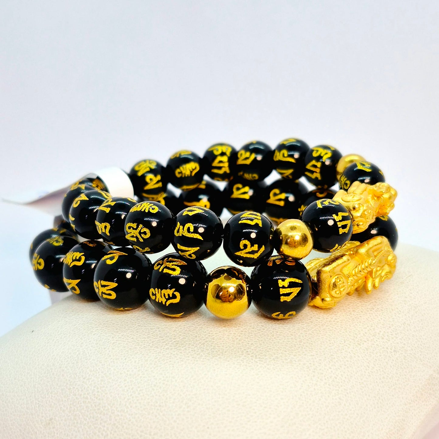 Natural Black Obsidian Feng Shui Bracelet with Silver Pixiu Gold Plated in 10mm or 12mm Stones