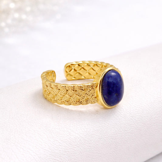Natural Lapis Lazuli Ring in Gold Plated Stainless Steel Resizeable