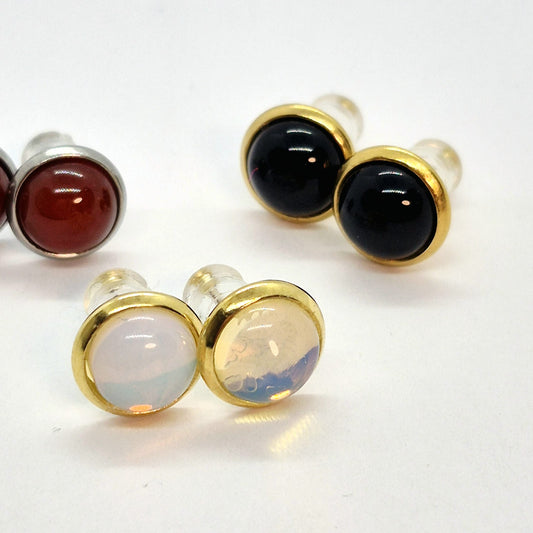 Natural Stone Stud Earrings in Stainless Steel, Red Agate, Black Agate and Opal