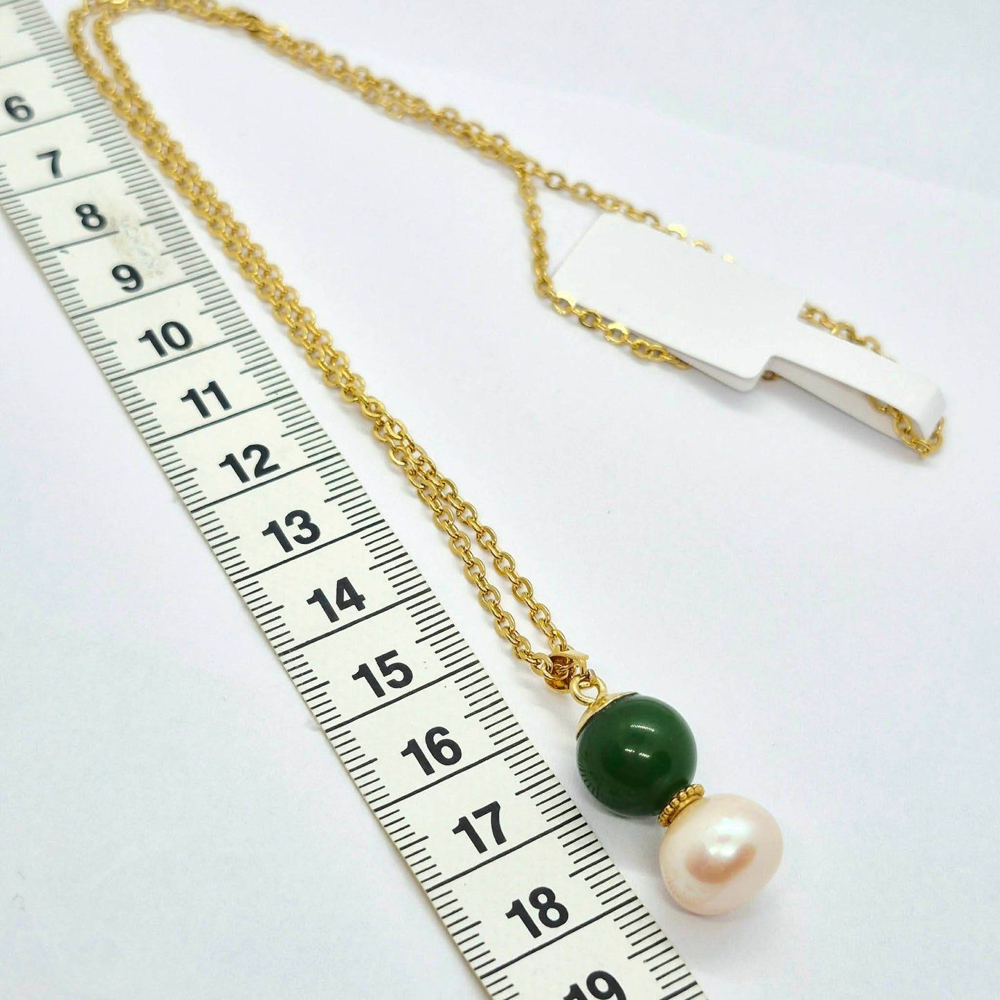 Natural Hetian Jade and 12mm Peach Pearl Pendant in Gold Plated Stainless Steel with Chain Necklace