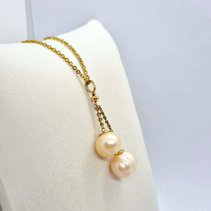 Natural Double Baroque Peach Pearl Pendant in Gold Plated Stainless Steel with Chain Necklace
