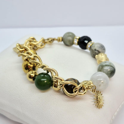 Natural Stone Bracelet with Burmese and Hetian Jade, Hematite, Tiger Eye, Labradorite and Obsidian in 12mm Stones