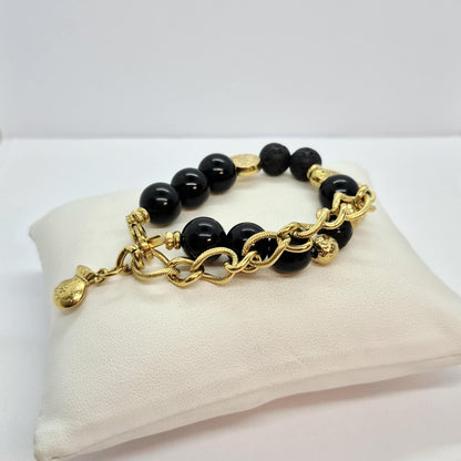 Natural Stone Bracelet with Obsidian and Lava in 12mm Stones