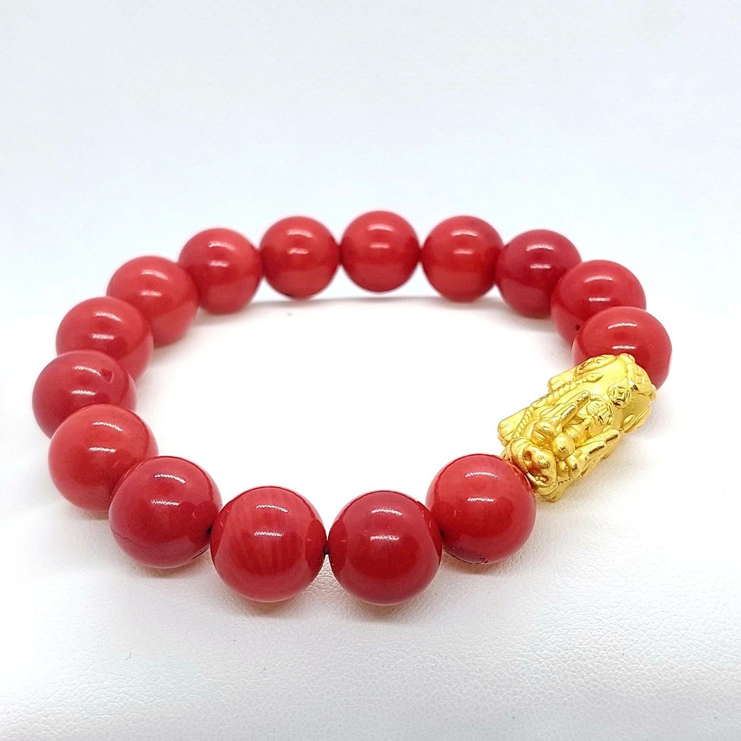 Natural White Coral Dyed Red Bracelet with Silver Pixiu - 12mm