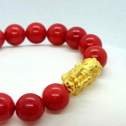 Natural White Coral Dyed Red Bracelet with Silver Pixiu - 12mm