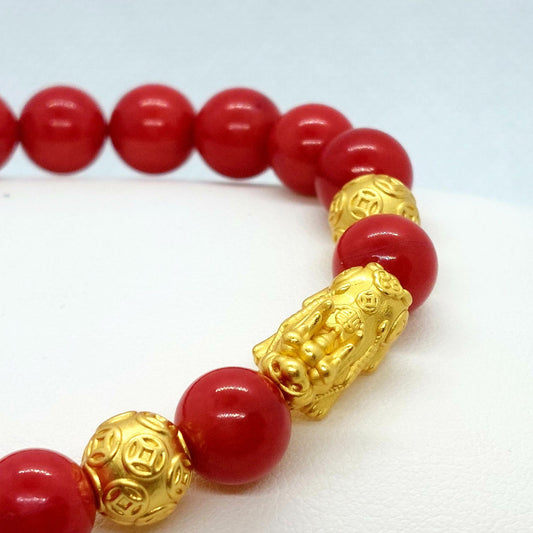 Natural White Coral Dyed Red Bracelet 10 or 12mm with Pixiu