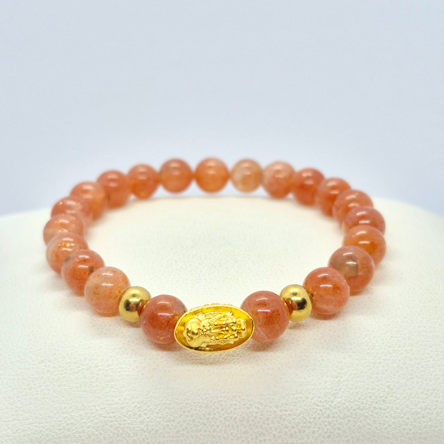Natural Sunstone Bracelet in 8mm Stones With Silver Good Fortune Pixiu