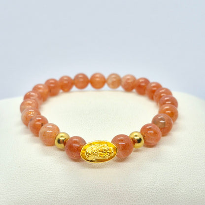 Natural Sunstone Bracelet in 8mm Stones With Silver Good Fortune Pixiu