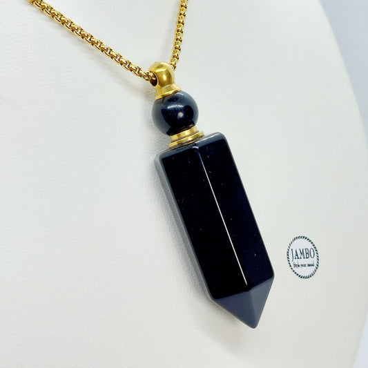 Natural Obsidian Perfume/Holy Water Bottle Pendant - Stainless Steel Chain Necklace