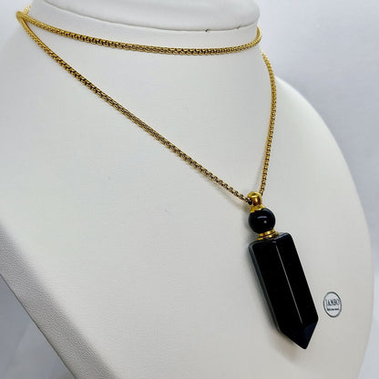 Natural Obsidian Perfume/Holy Water Bottle Pendant - Stainless Steel Chain Necklace
