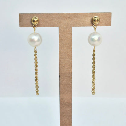 Natural 12mm Pearl Dangle Earrings in Stainless Steel Gold Plated